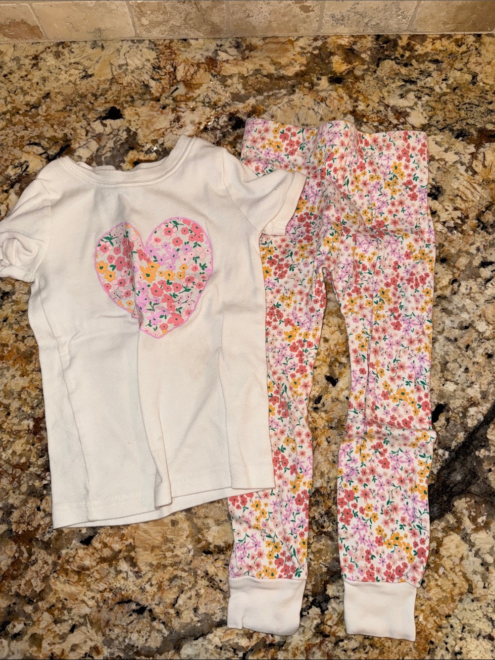 Old Navy White Top with Pink Floral Heart & Pink Floral Leggings Pajama Set